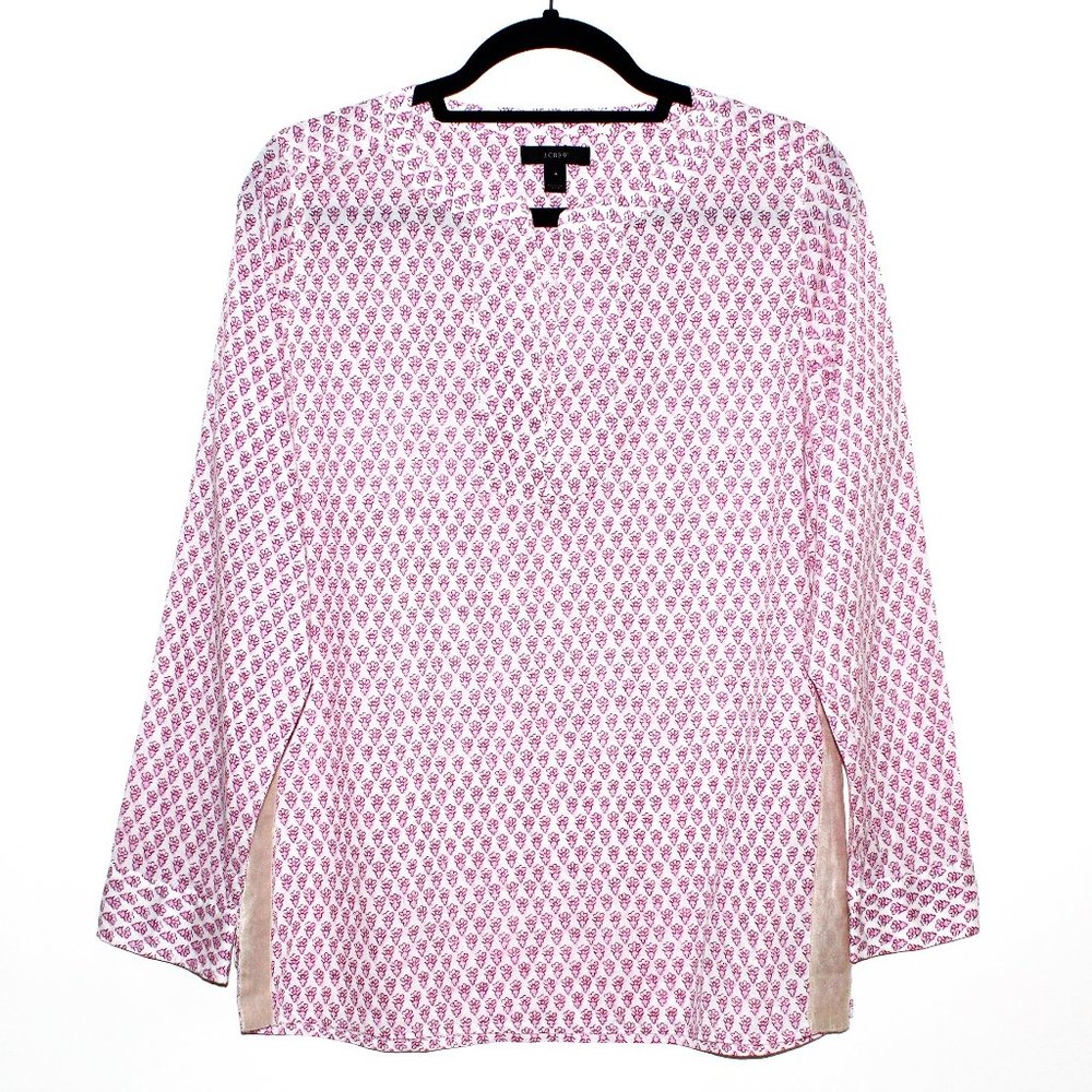 J. Crew Cotton Floral Pattern Metallic Gold Detail Popover Blouse